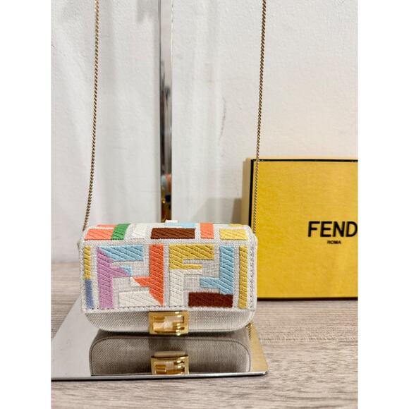 Fendi Nano Baguette Charm Bag with Colorful Embroidered Canvas FF Motif. - Picture 3 of 8